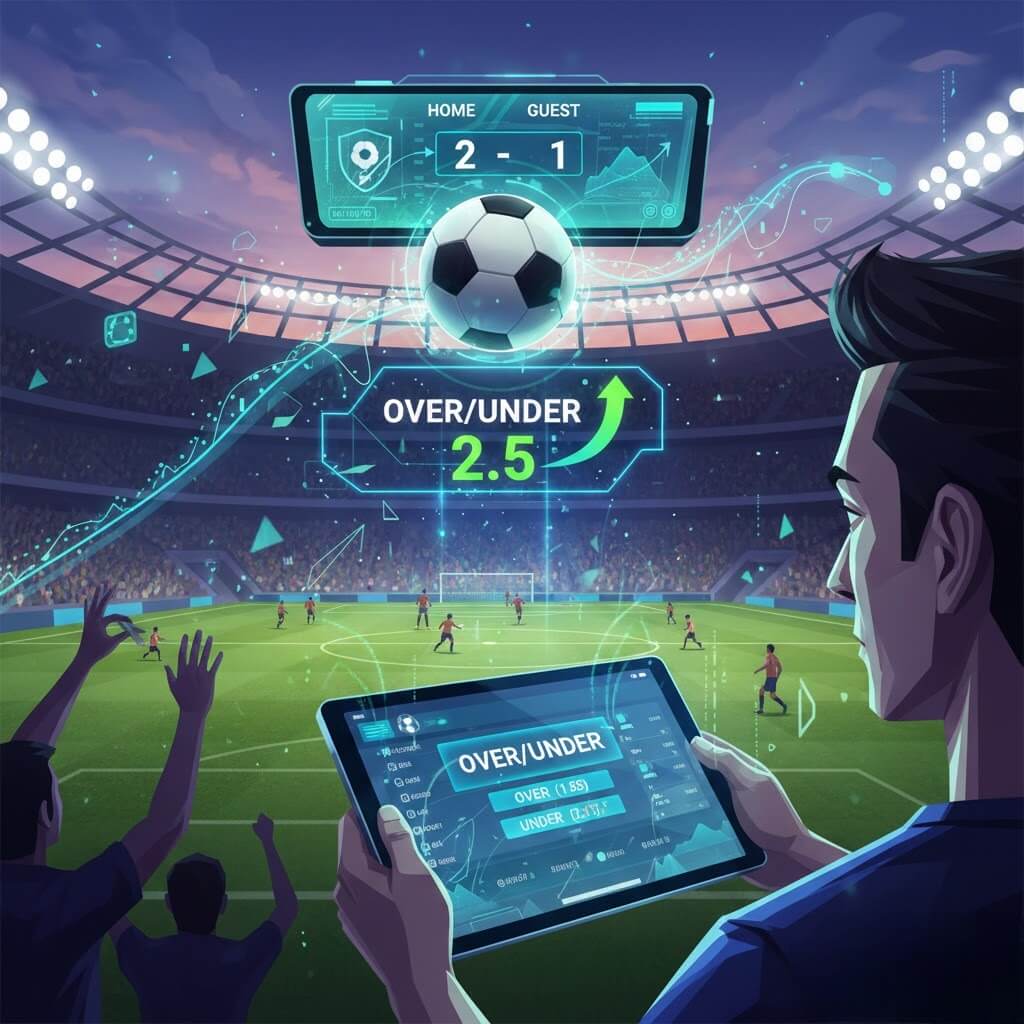 Ilustrasi taruhan Over Under di sepak bola dengan suasana stadion, papan skor menampilkan gol, seorang penggemar atau pemain menganalisis skor di tablet atau smartphone, nuansa digital biru-hijau, dan logo Hokiku88 di layar secara halus.