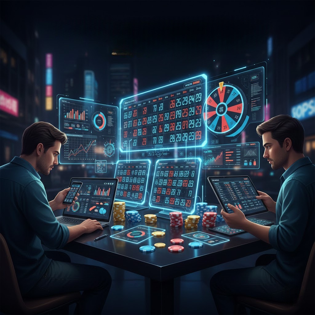 Ilustrasi Cara Membaca Pola Angka Togel Games menggunakan Hokijoss, menampilkan papan angka digital, prediksi, dan pemain mobile