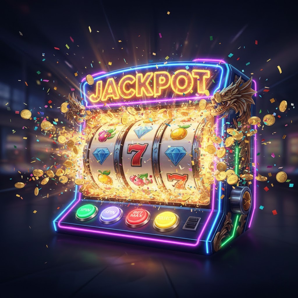 Mesin slot online dengan gulungan berwarna-warni dan koin emas berjatuhan, menampilkan bonus free spin terbesar.